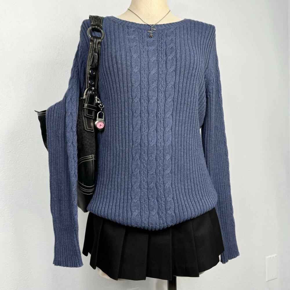 Blue Cable Knit Sweater XL NWT Cotton Ribbed Pullover Preppy Coquette